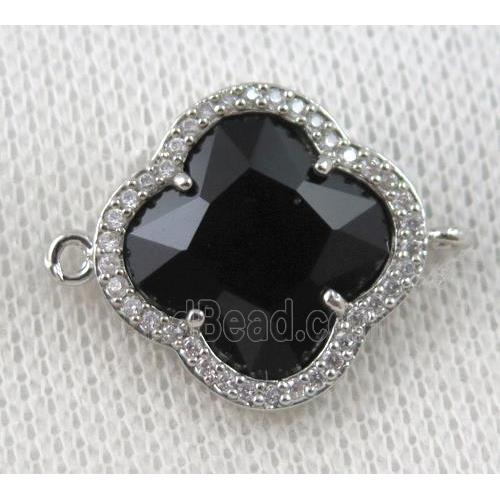 black crystal glass four-leaf Clover connector paved zircon, platinum plated
