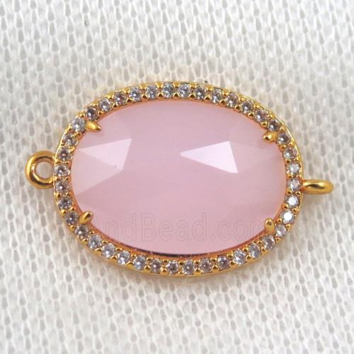 pink crystal glass connector paved zircon, faceted oval, gold plated