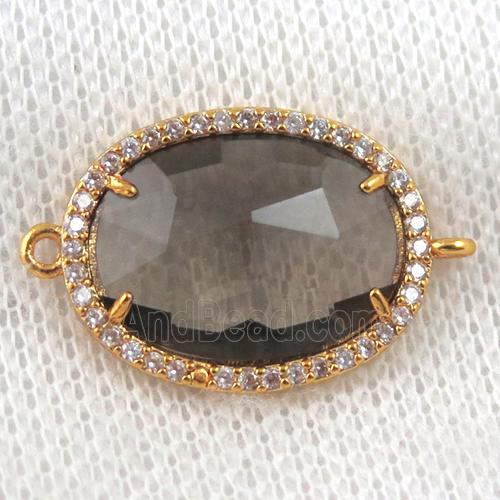 smoky crystal glass connector paved zircon, faceted oval, gold plated