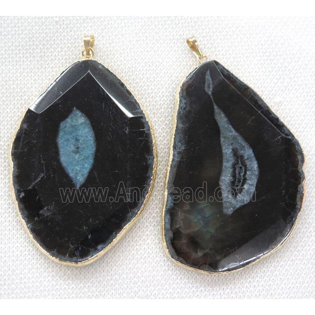blue druzy agate slice pendant, black, faceted freeform, gold plated