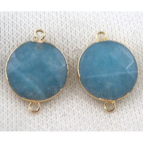 blue jade connector, faceted flat-round, gold plated