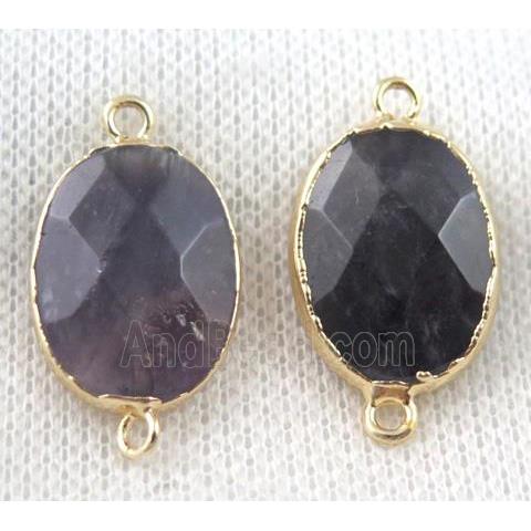 Amethyst connector, purple, faceted oval, gold plated