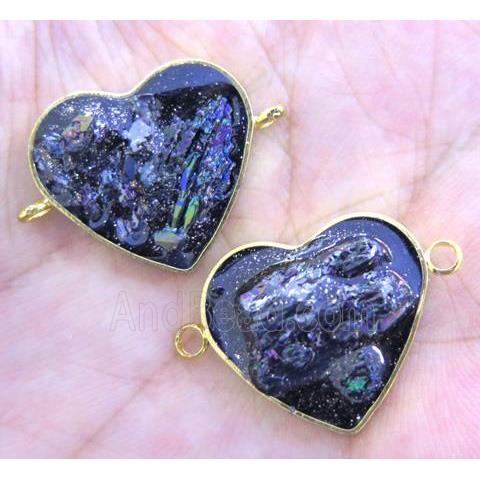 rainbow Lava stone paved connector, heart, gold plated