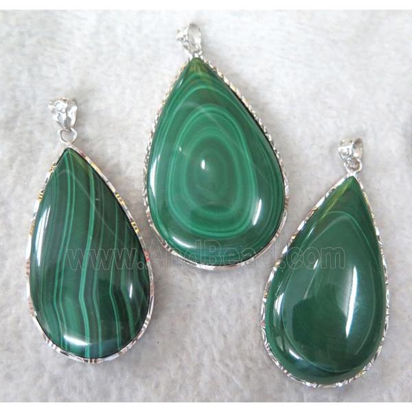 natural malachite pendant, sterling silver, teardrop