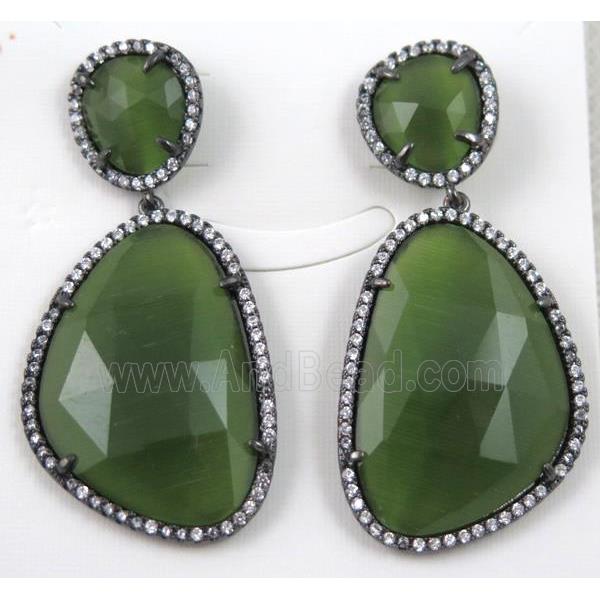 olive cats eye stone earring paved zircon with sterling silver stud