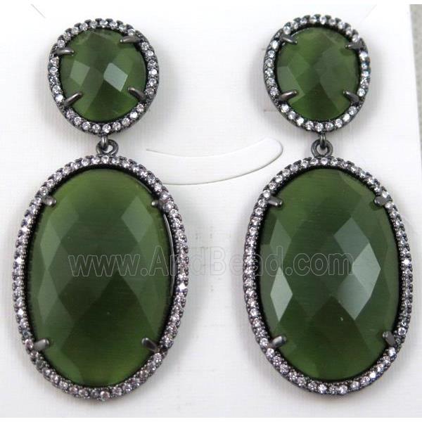 green cats eye stone earring paved zircon with sterling silver stud