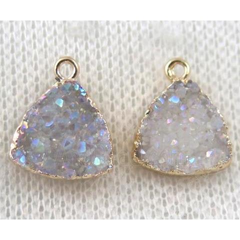 druzy agate pendant, white AB-color, triangle, gold plated