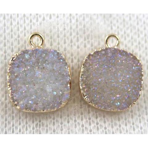 druzy agate pendant, white AB-color, square, gold plated