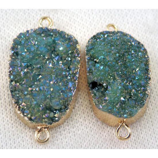 druzy quartz connector, green AB-color, freeform, gold plated