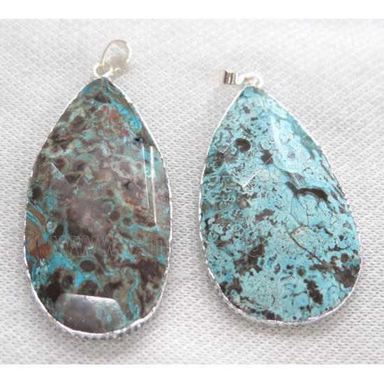 blue Ocean Jasper pendant, faceted teardrop, silver plated