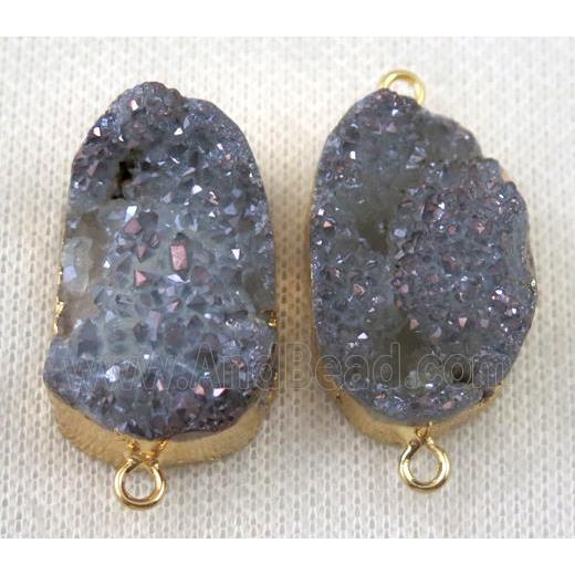 druzy quartz connector, lt.blue gray, AB-color, freeform, gold plated