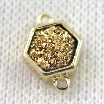 golden druzy quartz hexagon connector, copper, gold plated