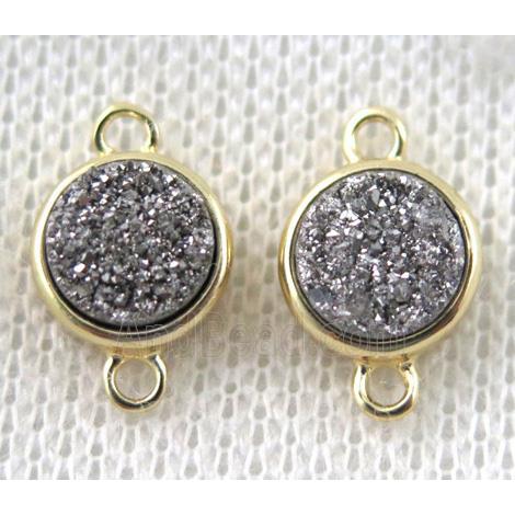 silver druzy quartz connector, copper, flat-round, gold plated