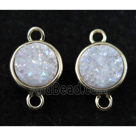 white druzy quartz connector, AB-color, copper, flat-round, gold plated