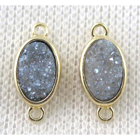 druzy quartz oval connector, light gray-blue, copper, gold plated