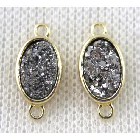 silver druzy quartz oval connector, copper, gold plated