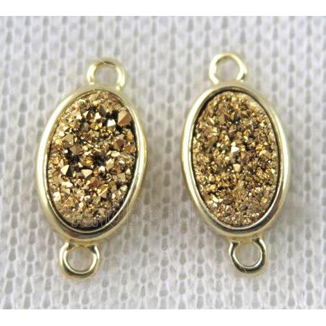 golden druzy quartz connector, copper, oval, gold plated