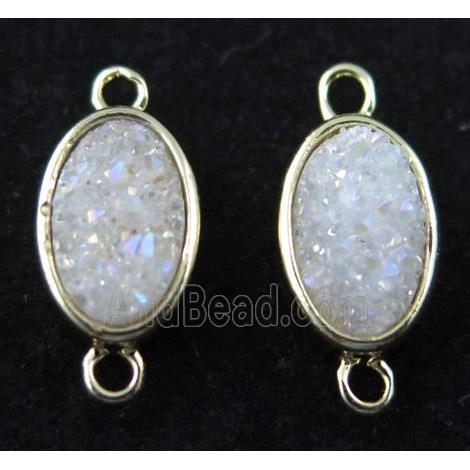druzy quartz connector, white AB-color, copper, oval, gold plated