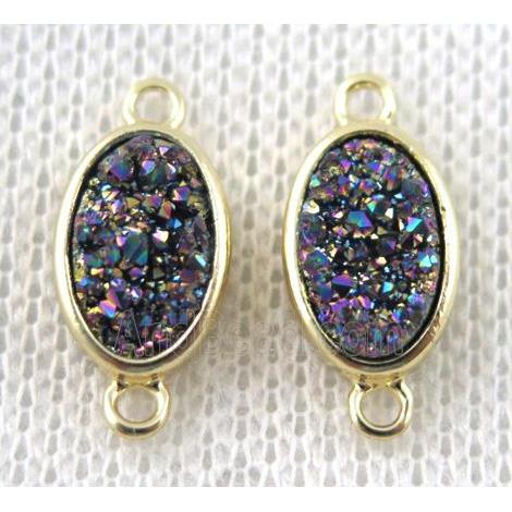 rainbow druzy quartz connector, copper, oval, gold plated