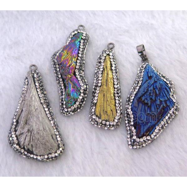 Brazilian black tourmaline pendant pave rhinestone, freeform, mix color