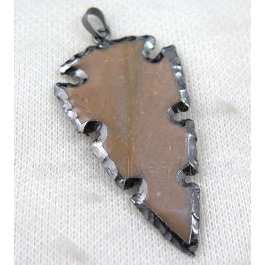 Rock Agate arrowhead pendant, natural color, black plated