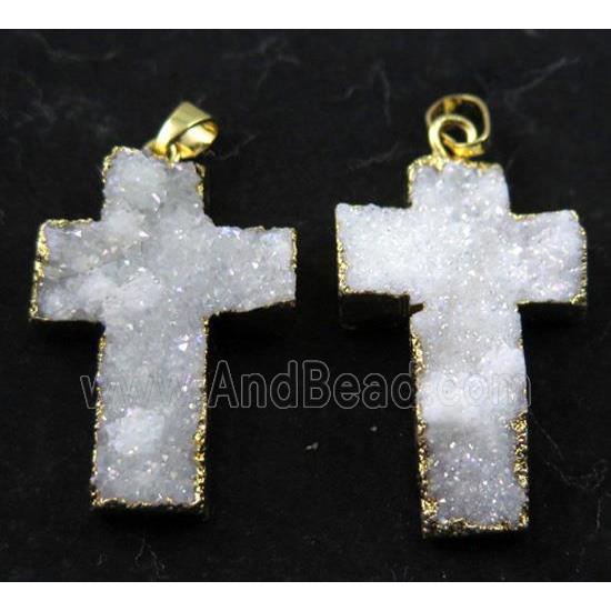 druzy quartz pendant, cross, white AB color, gold plated
