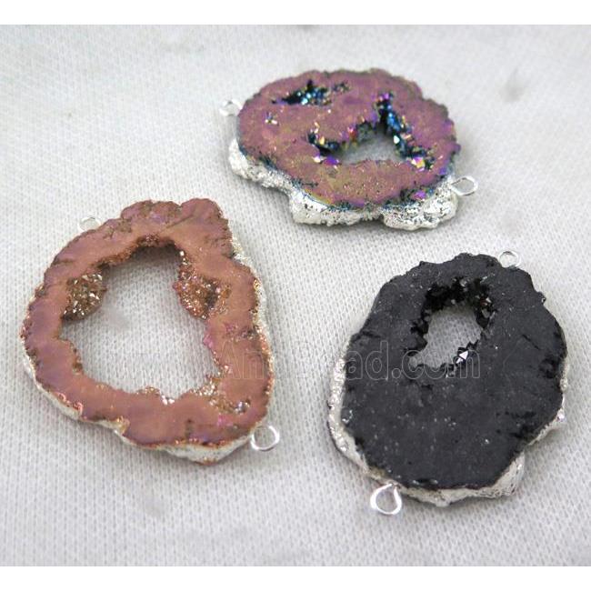 druzy agate connector, freeform slice, mix color, silver plated
