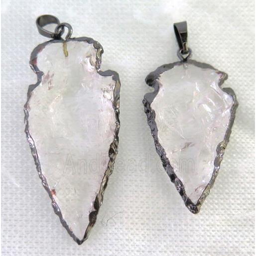 hammered Clear Quartz arrowhead pendant, black plated
