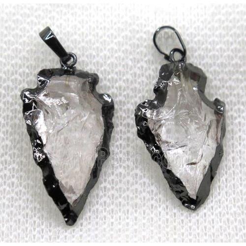 hammered Clear Quartz arrowhead pendant, black plated