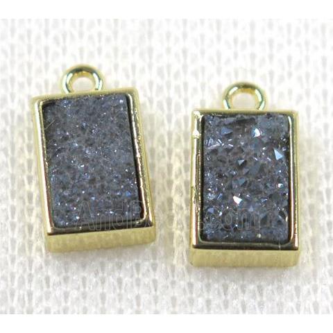gray-blue Druzy Quartz pendant, rectangle, gold plated