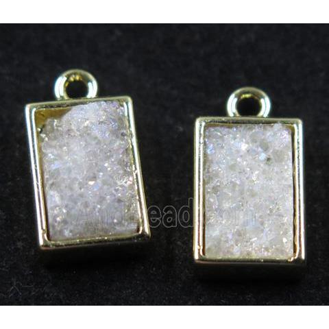 white AB-color Quartz Druzy pendant, rectangle, gold plated