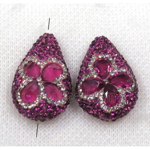 hotpink crystal glass bead paved rhinestone, teardrop