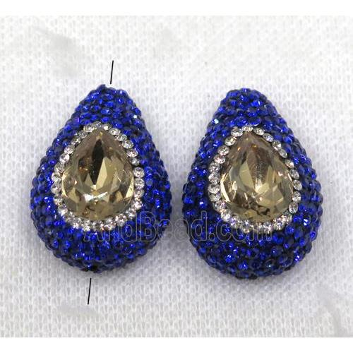 yellow crystal glass bead paved blue rhinestone, teardrop