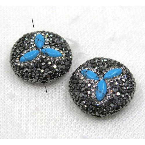 blue turquoise bead paved black rhinestone, flat round
