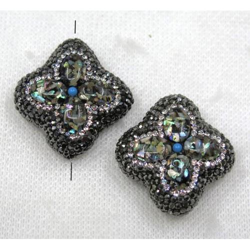 Paua Abalone shell beads paved black rhinestone, four-leaf Clover
