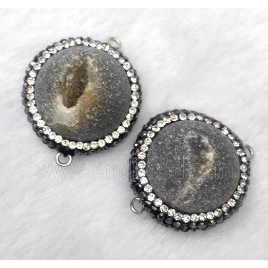 gray druzy agate connector paved rhinestone, half-round