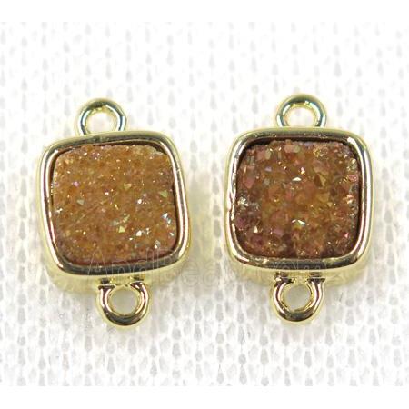 gold champagne druzy quartz connector, square, gold plated