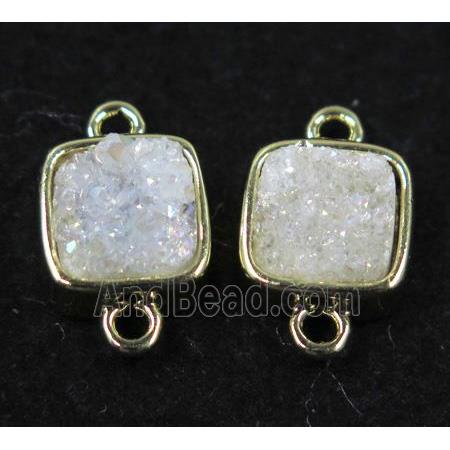 druzy quartz connector, white AB-color, square, gold plated