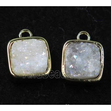 druzy quartz pendant, white ab color, square, gold plated
