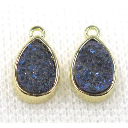 blue druzy quartz teardrop pendant, gold plated