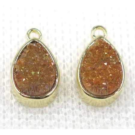gold champagne druzy quartz teardrop pendant, gold plated