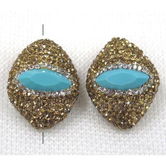 blue crystal glass bead paved yellowrhinestone, rhombic