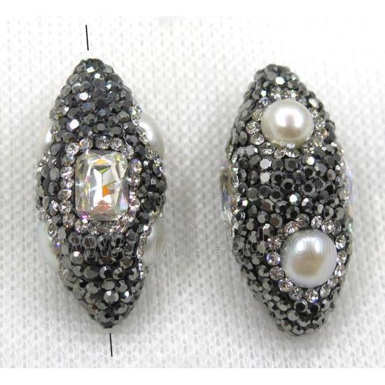 white pearl beads paved black rhinestone, rice