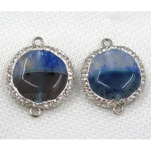 blue agate connector paved rhinestone, flat round