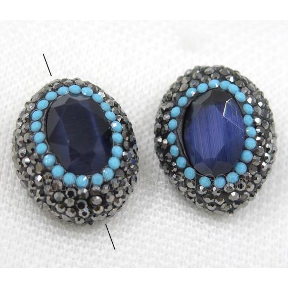 navy blue crystal glass beads paved black rhinestone, oval