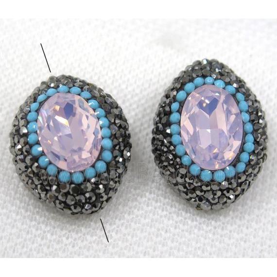 pink crystal glass bead paved black rhinestone, oval