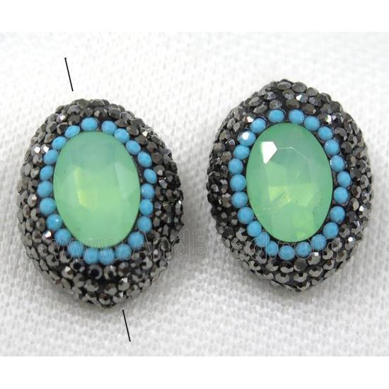 green crystal glass beads paved black rhinestone, oval