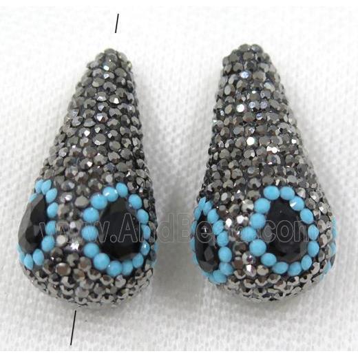 black crystal glass bead paved rhinestone, teardrop