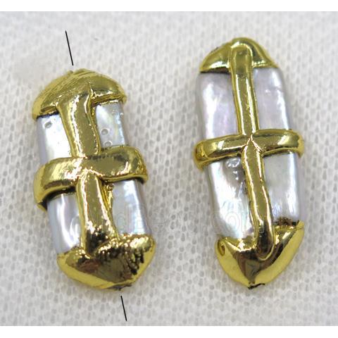 white pearl beads, rectangle, gold plated