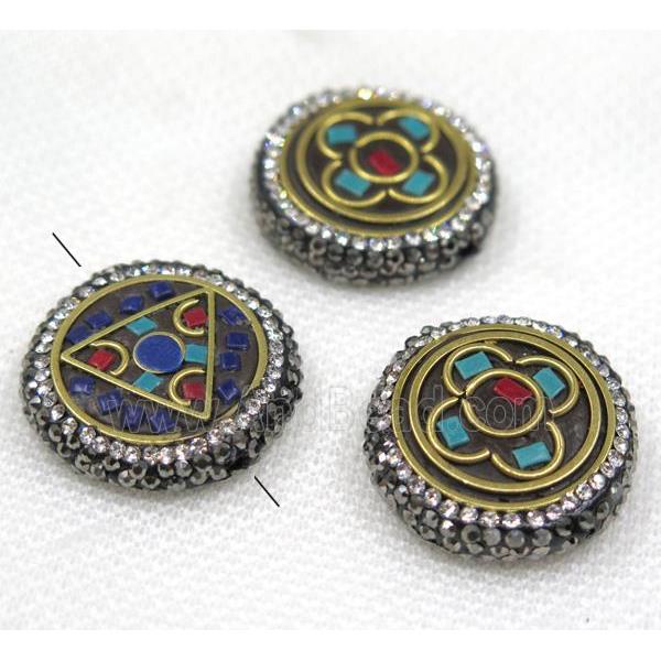 Nepal style turquoise bead paved rhinestone, flat round